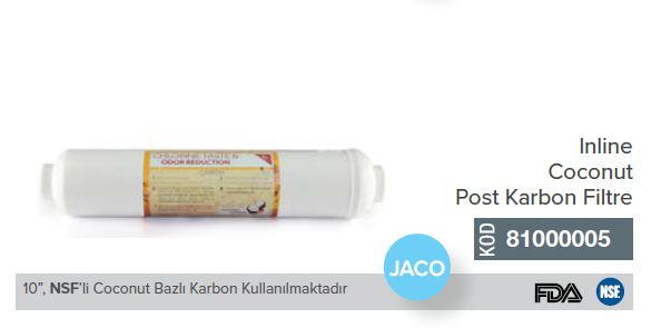 10'' Jaco Inline NSF'li Coconut Bazlı Post Karbon Filtre _ 81000005